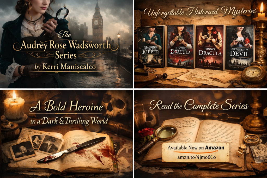 Victorian-inspired collage featuring a young woman with a magnifying glass, antique books, candles, forensic tools, and the Audrey Rose Wadsworth series by Kerri Maniscalco, evoking a dark historical mystery atmosphere.